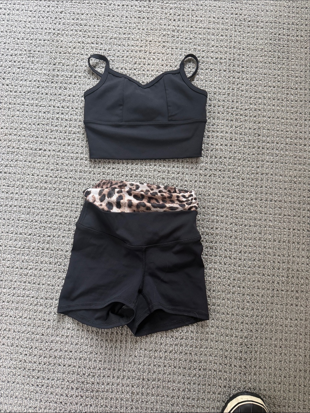 FIVE Black Dance Crop Tank and High-Waist Shorts Set with Leopard Waistband